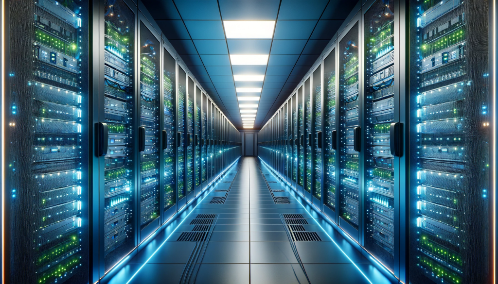 DALL·E 2023 12 14 20.37.39 A modern server room with rows of server racks LED lights illuminating the space in blue and green hues and cables neatly organized. The environment 1024x585 1 DALL·E 2023 12 14 20.37.39 A modern server room with rows of server racks LED lights illuminating the space in blue and green hues and cables neatly organized. The environment 1024x585 1